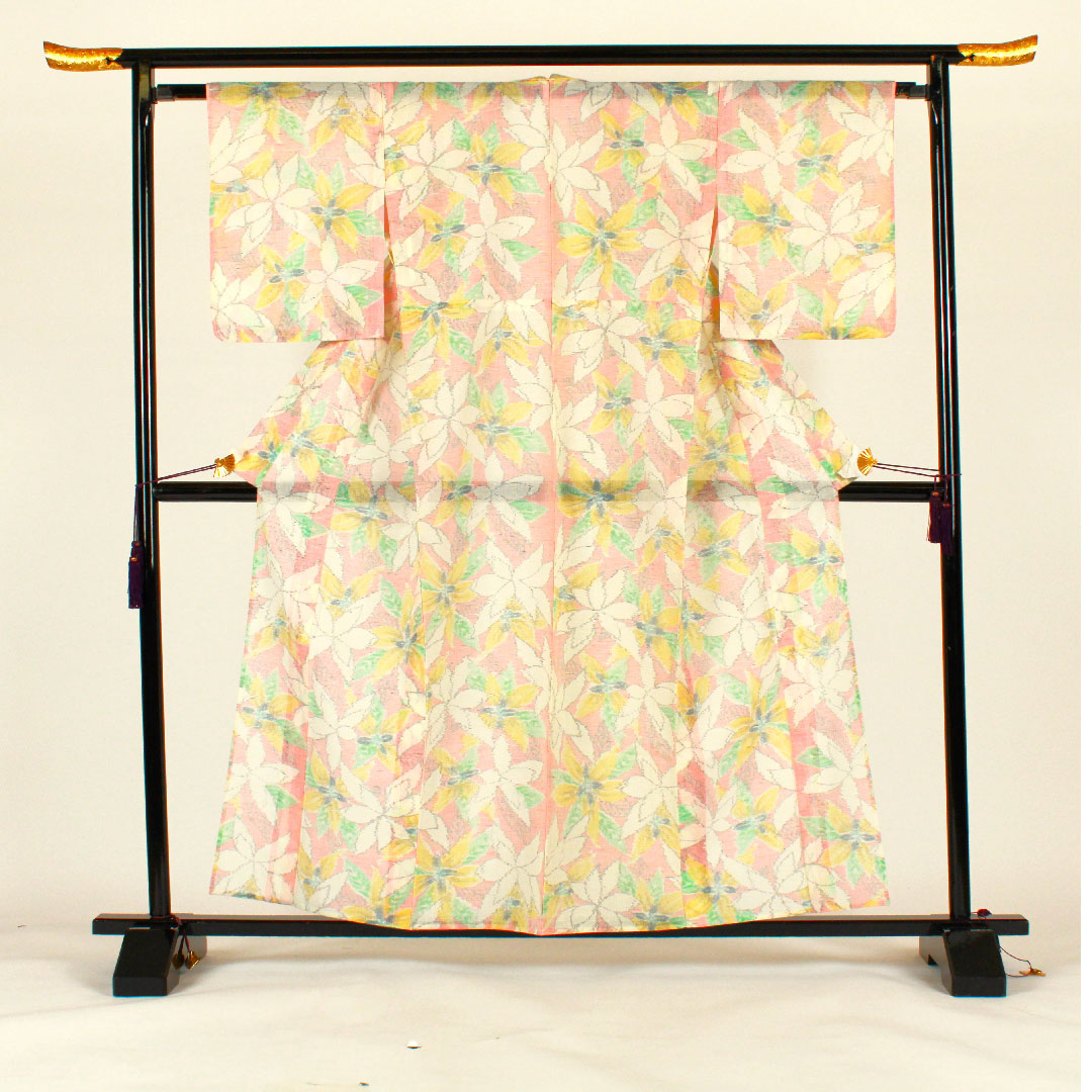 紬 身丈161cm 裄丈64cm 草花模様 正絹 Sランク 単衣 ピンク系 1116001082313