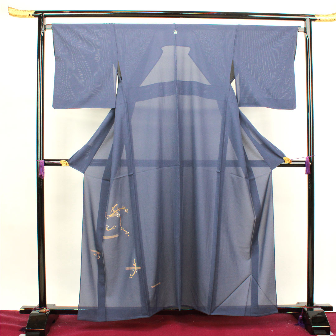 訪問着 夏物 身丈158cm 裄丈66cm 瞑色 絽 竹屋町刺繡 抽象模様 桔梗に三つ鱗 正絹 Sランク 紺系 1112002772318