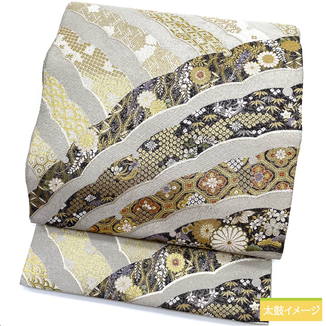袋帯 正絹 銀白色色(ぎんはくしょくいろ) 平田藤三郎 雪輪 古典柄 花柄 帯丈436cm Sランク 六通 フォーマル 銀系 1123010872322
