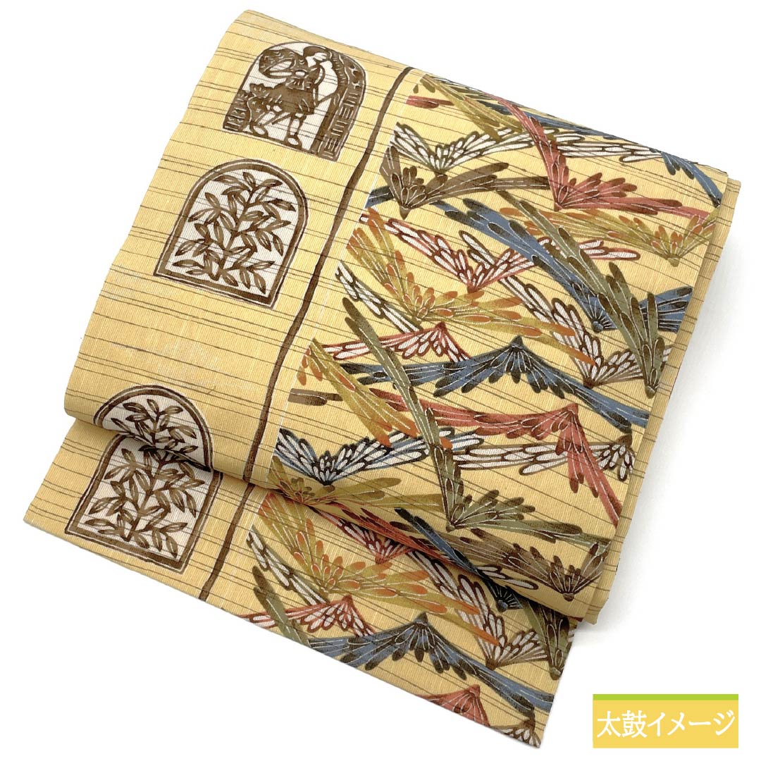 名古屋帯 正絹 卵黄色(らんおういろ) 夏帯 染め帯 インカ模様 帯丈370cm Sランク 全通 カジュアル 黄系 1124007942323 名古屋仕立て