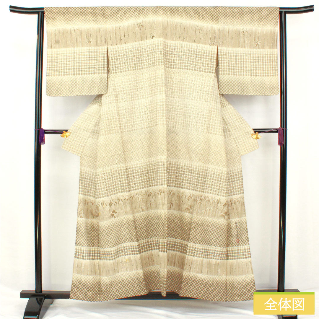 訪問着 正絹 単衣 身丈156.5cm 裄丈63.5cm 白茶色(しらちゃいろ) 作家物 竹 パールトーン加工 坂東三津五郎 Sランク ベージュ系 1112006022325