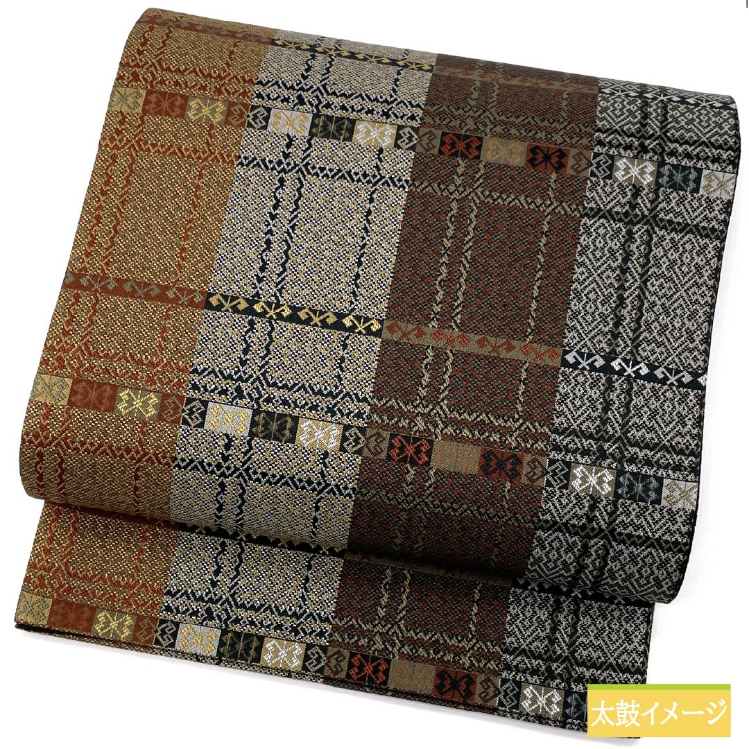 袋帯 正絹 幾何学模様 横段 帯丈438cm Sランク 全通 カジュアル グラデーション系 1123012532399