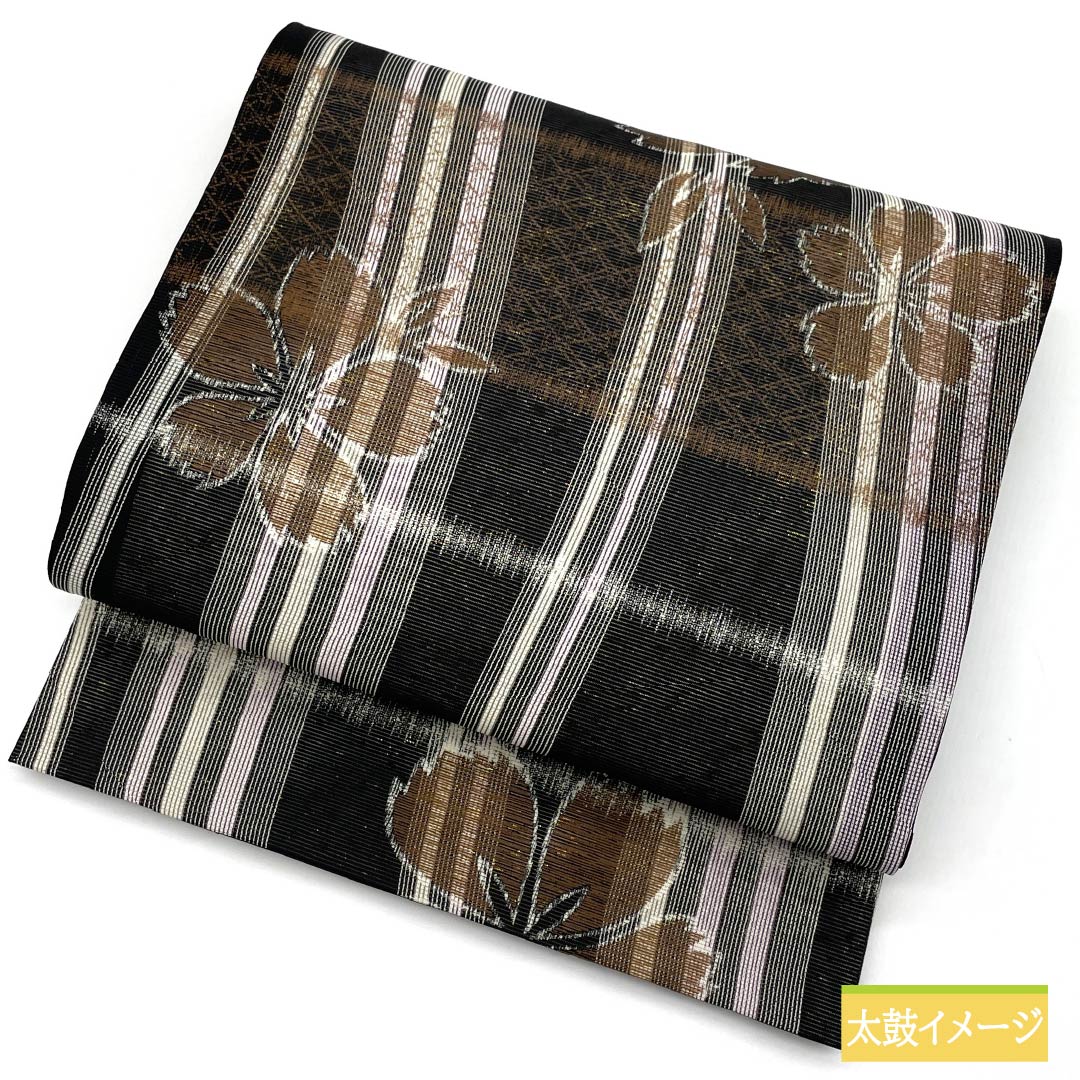 名古屋帯 正絹 リバーシブル 格子 桜 夏帯 帯丈370cm Sランク 全通 セミフォーマル 黒系 1124006802310 開き仕立て