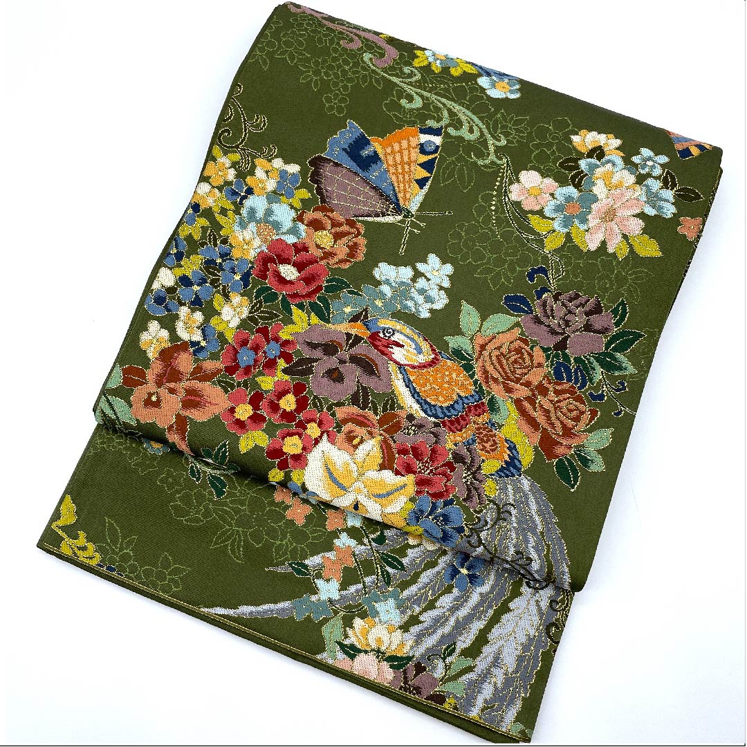 (未仕立)袋帯 松葉鼠色(まつばねずいろ) 白綾苑大庭 尾長鳥 蝶 花模様 帯丈431cm 正絹 Sランク 六通 セミフォーマル 緑系 1123008602319