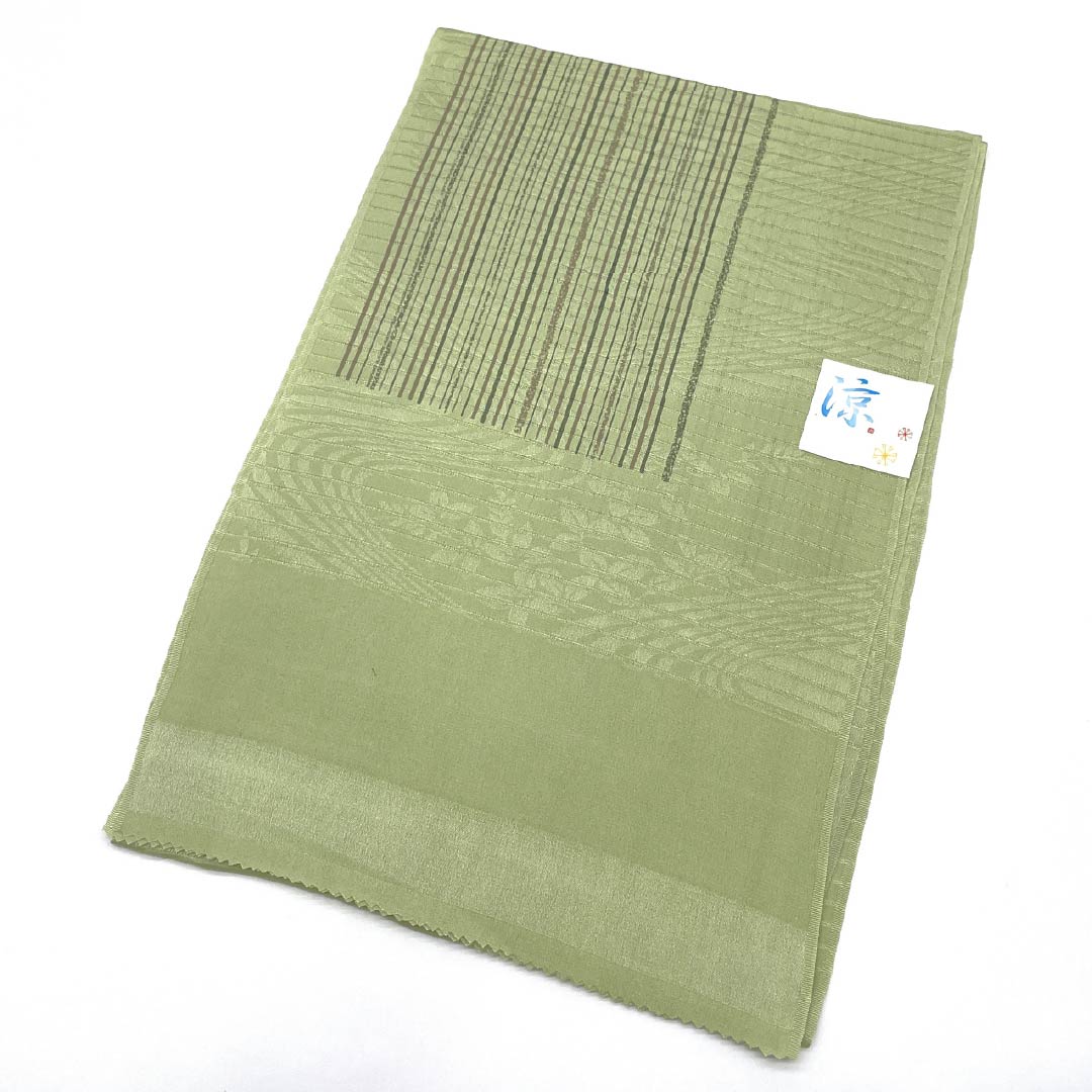 (新品)帯揚げ 正絹 セミフォーマル 柳茶色(やなぎちゃいろ) 夏物 縞 幾何学模様 長さ約168cm 幅約28cm NEWランク 緑系 1136000881919