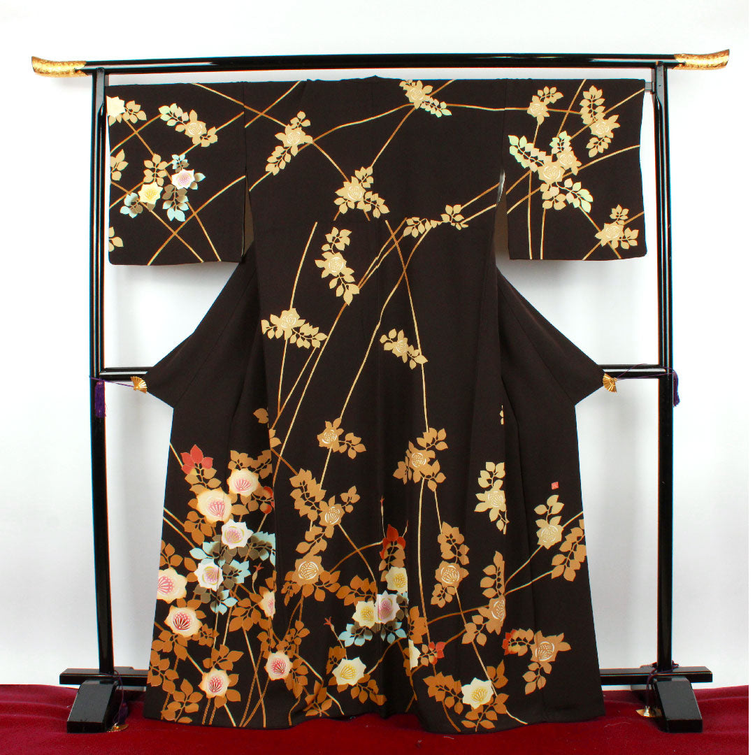 訪問着 袷 身丈161cm 裄丈70cm 黒鼠色 手描き友禅 草花模様 正絹 Sランク 黒系 1112001762410