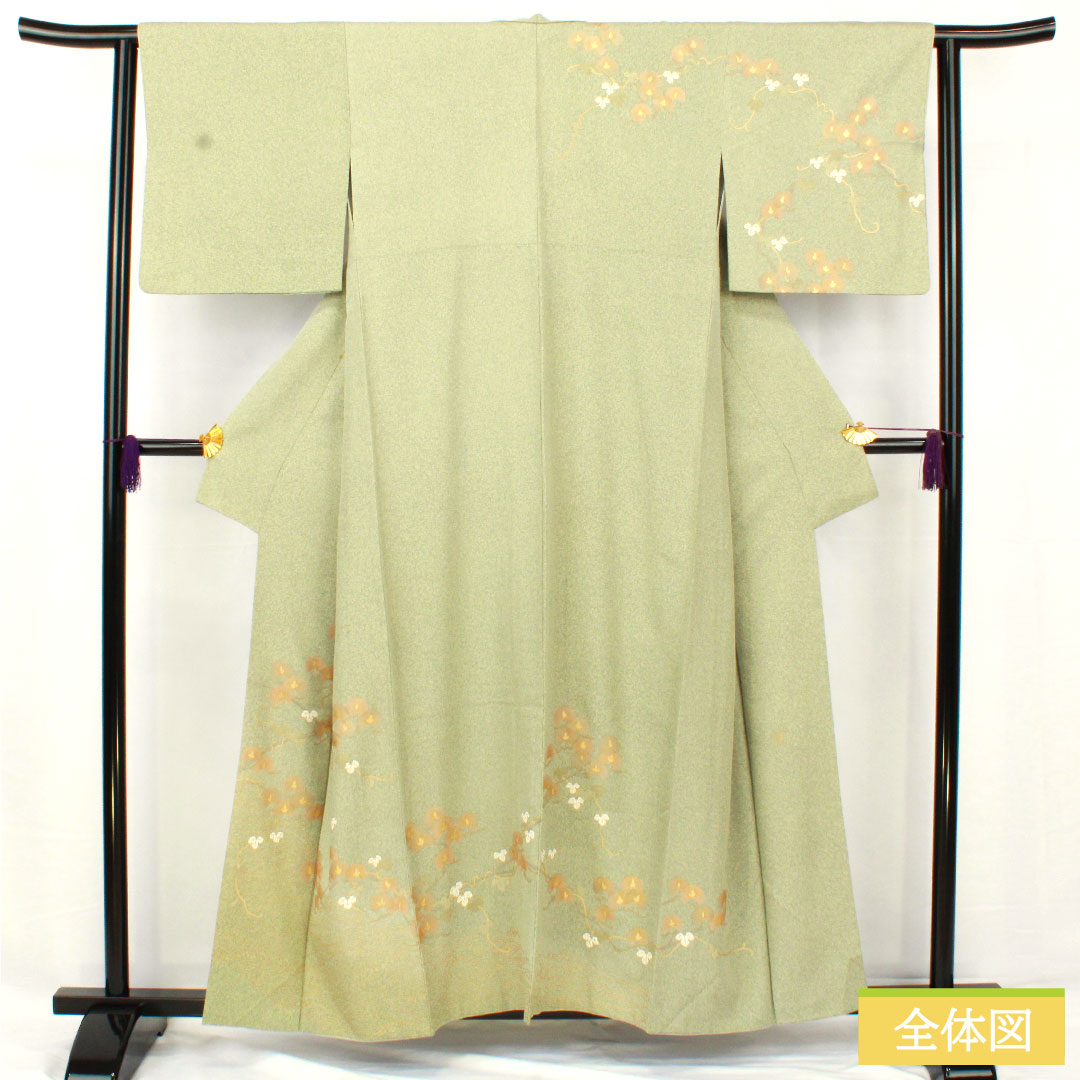 訪問着 正絹 袷 身丈155cm 裄丈62cm 裏葉色(うらはいろ) 京友禅 タタキ染 草花模様 作家物 Aランク 緑系 1112005413319