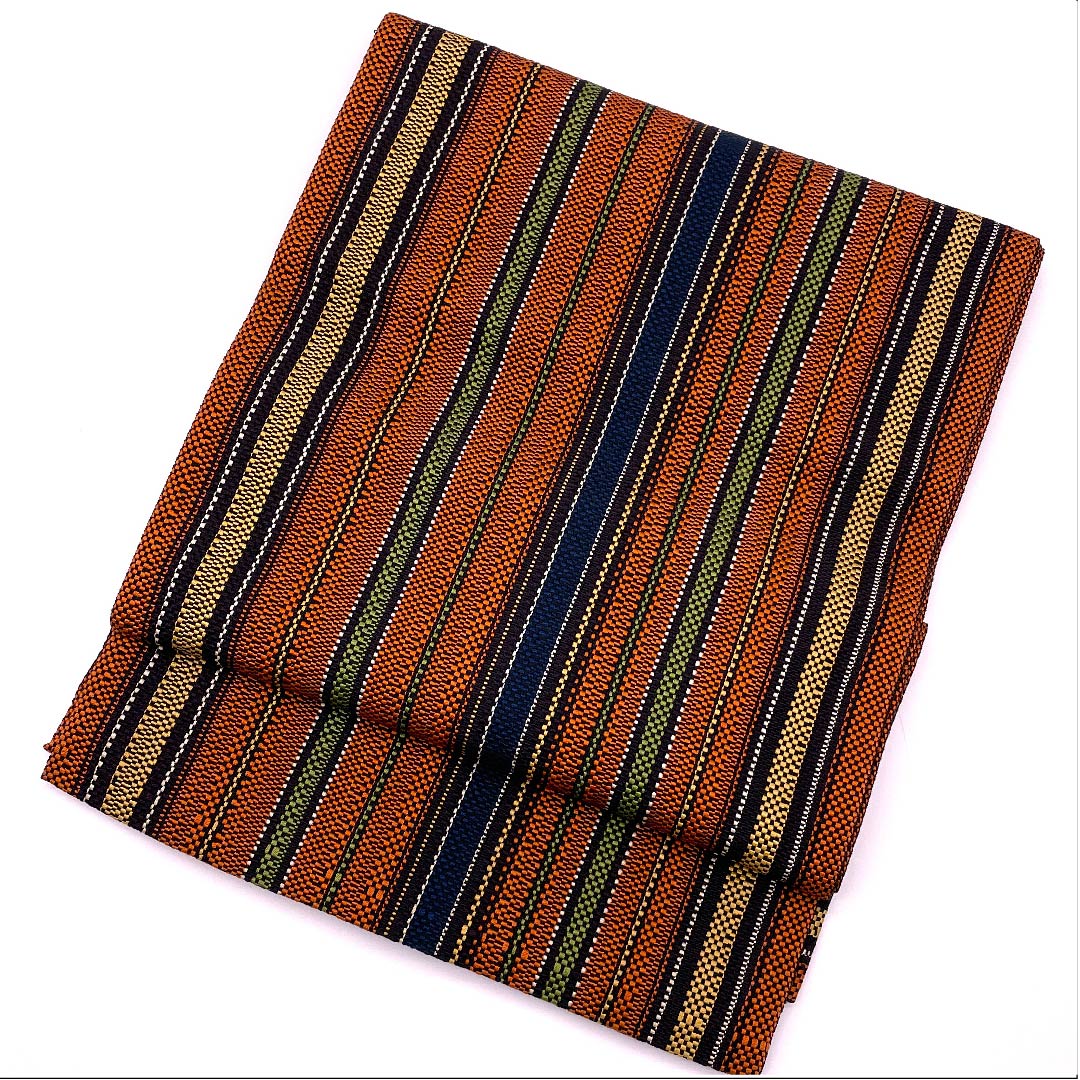 名古屋帯 銅色 博多織 幾何学模様 帯丈354.5cm 正絹 Sランク 全通 カジュアル 茶系 1124004932314 松葉仕立て