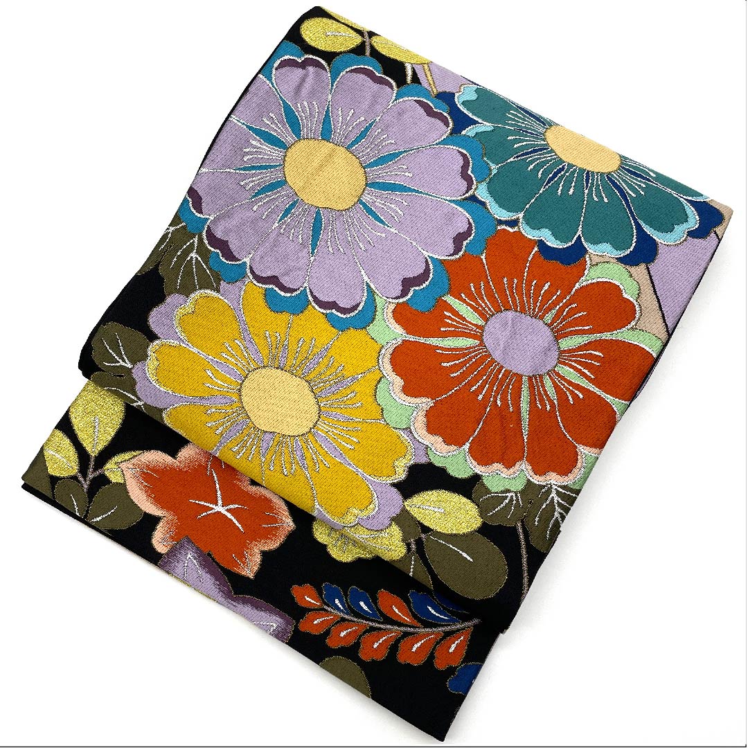 Formal black obi for furisode (long-sleeved kimono). Made by Hakuayaen Oba. Length: 442cm. Made of pure silk, S-rank. Six-fold hem. Product code: 1123007842310.