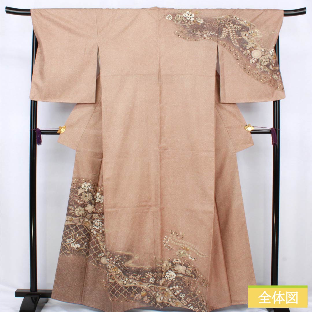 訪問着 正絹 Sランク 袷 身丈162cm 裄丈69cm 松染色(まつぞめいろ) 大島紬 絞り 辻ヶ花 しつけ糸付き 茶系 1112006692414