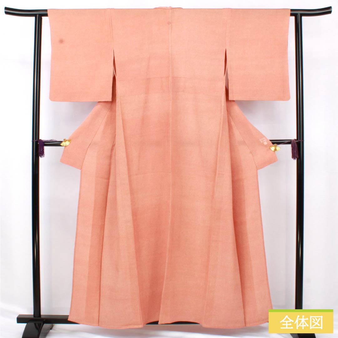 小紋 正絹 Aランク 身丈157.5cm 裄丈63cm 単衣 緋褪色(ひさめいろ) 江戸小紋 鮫柄 五三桐 縫い紋 橙系 1115007223326