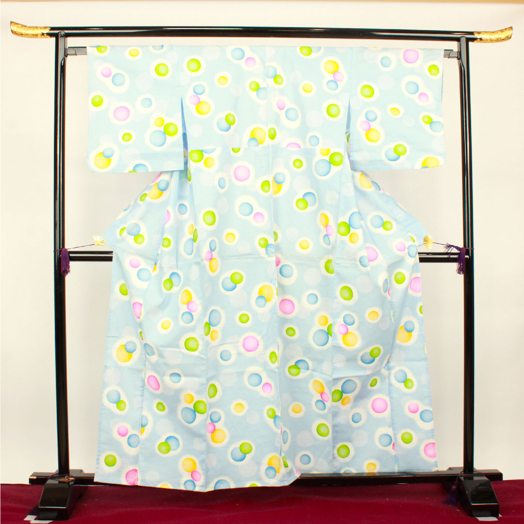 浴衣 白群色 水玉 木綿 Sランク 単衣 身丈161.5cm 裄丈64.5cm 水色系 1118001252424