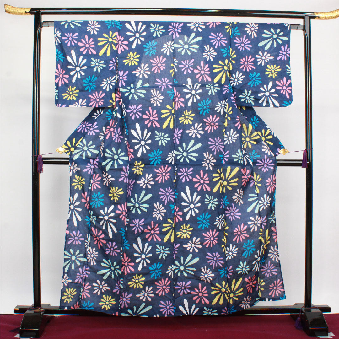 浴衣 鉄葡萄色 抽象模様 木綿 Sランク 単衣 身丈161cm 裄丈65cm 紺系 1118002412418