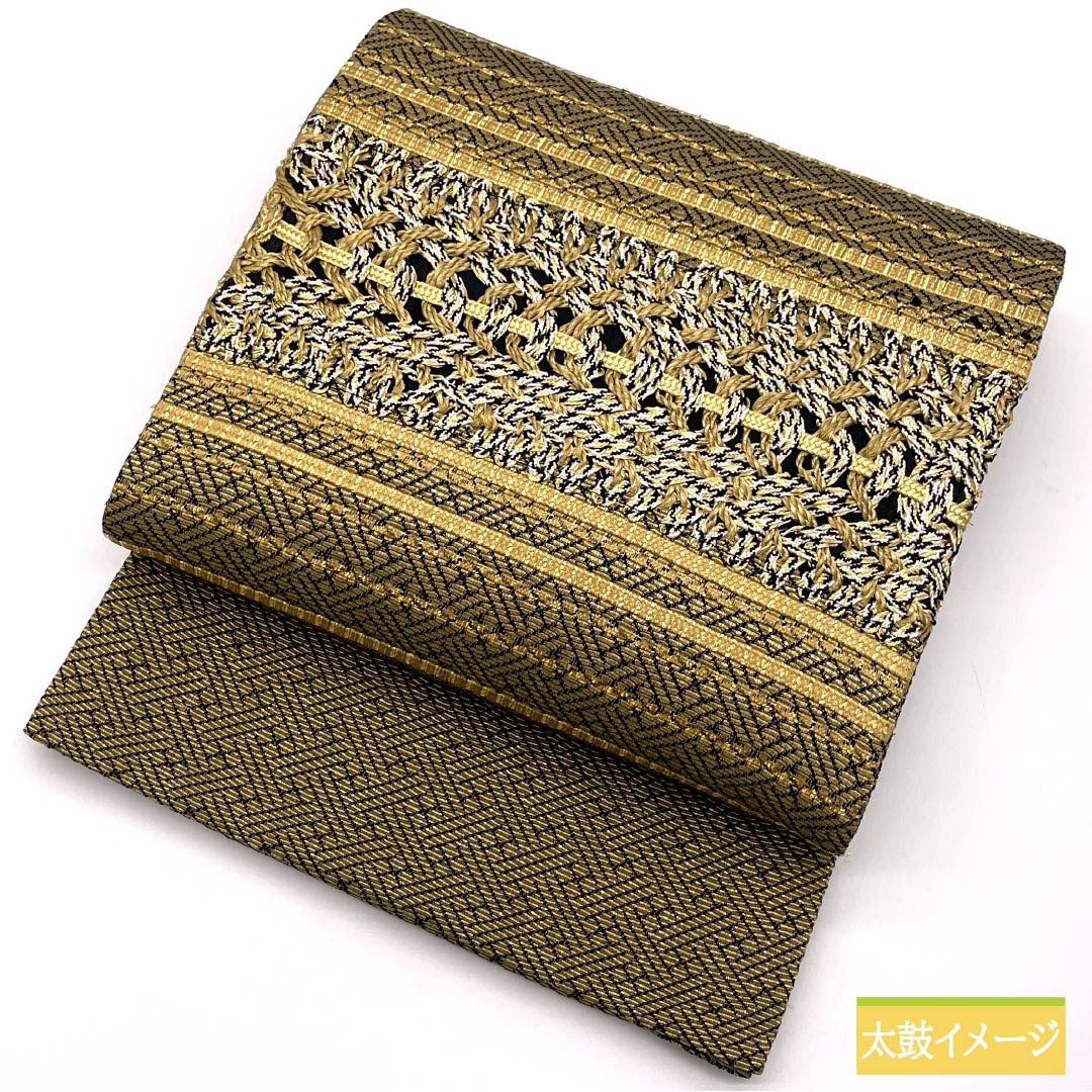 袋帯 正絹 組織り 幾何学模様 帯丈444cm Sランク ポイント柄 セミフォーマル 金系 1123014772321