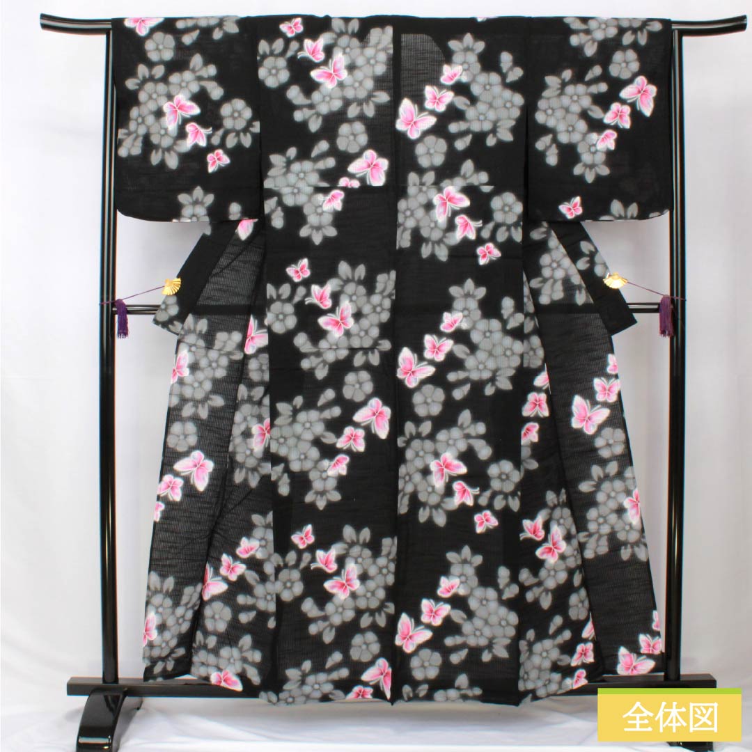浴衣 木綿 身丈158.5cm 裄丈64.5cm Sランク 単衣 黒系 蝶 花 1118006152310