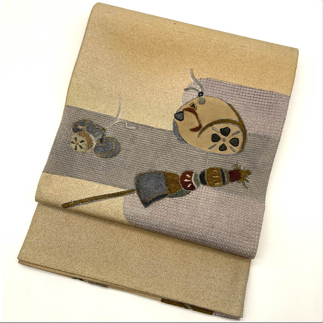リサイクル着物】袋帯 桑色白茶色 相良刺繡 汕頭刺繍 牛首紬 456.5cm 