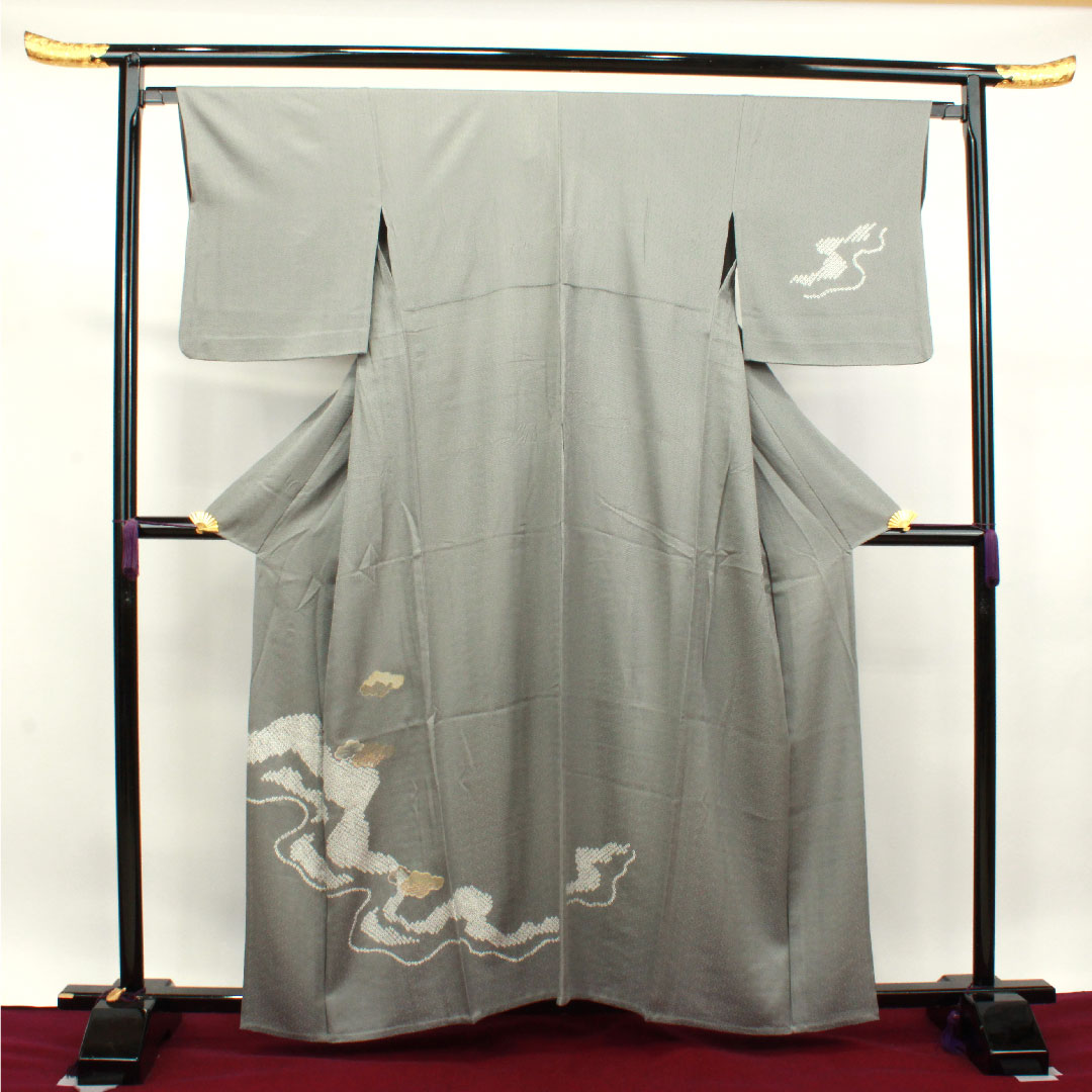 訪問着 正絹 単衣 身丈160cm 裄丈66cm 錫色 汕頭刺繡 絞り Sランク グレー系 1112003302422