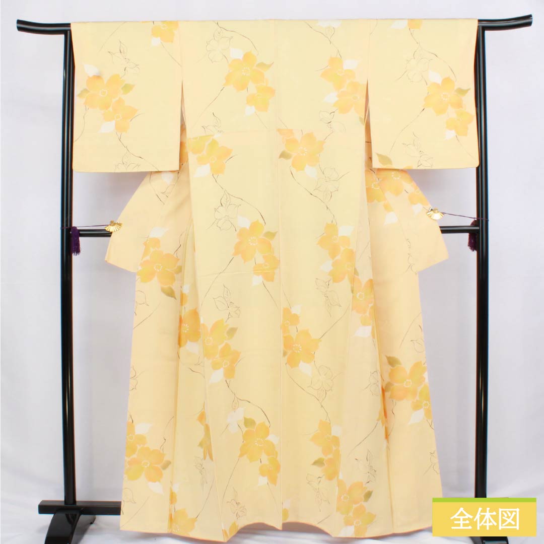 小紋 正絹 身丈160.5cm 裄丈64.5cm 袷 麴色(こうじいろ) 地紋起こし 洋花 Aランク クリーム系 1115006153415