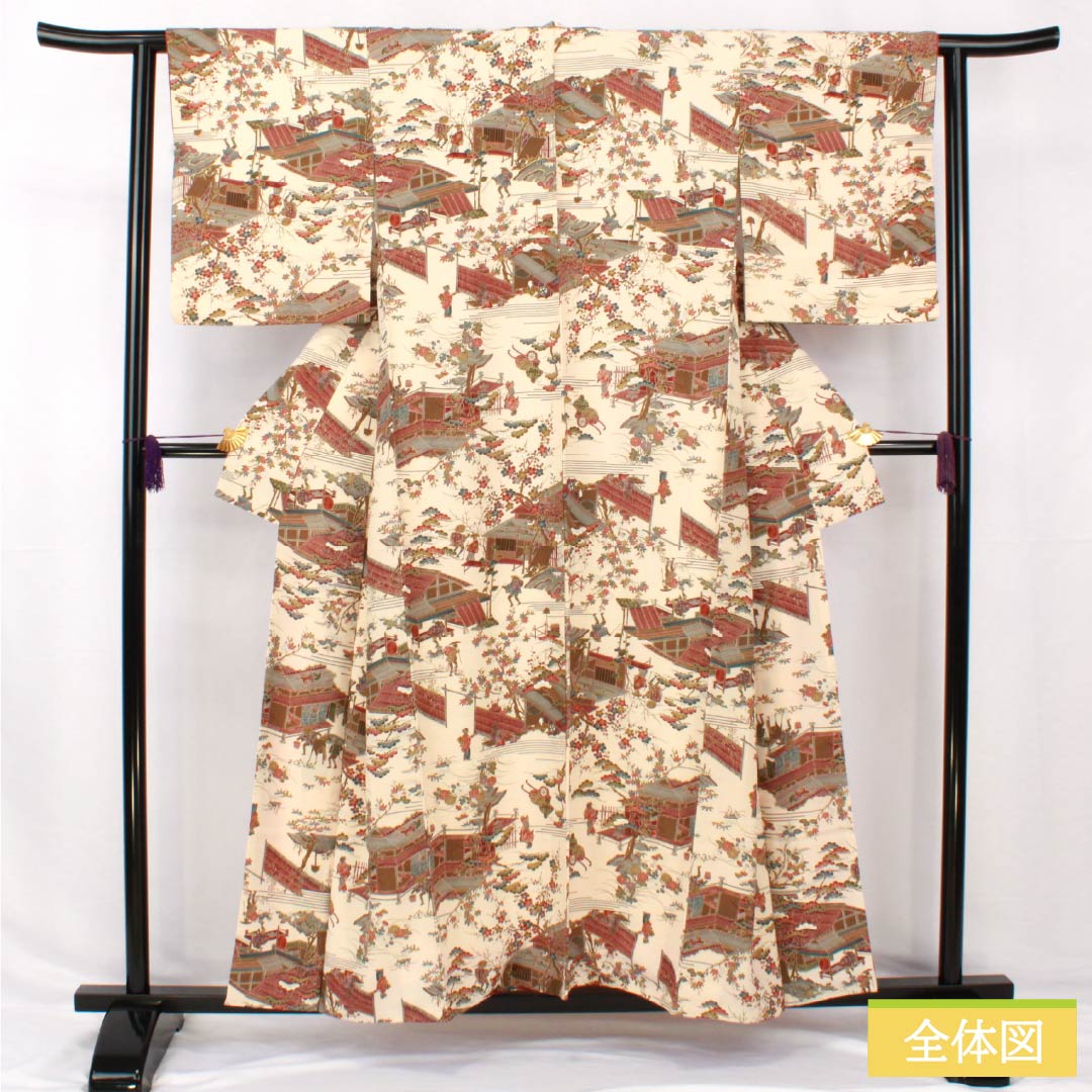 小紋 正絹 身丈156.5cm 裄丈62cm 袷 砥粉色(とのこいろ) 型染 時代絵巻 Bランク クリーム系 1115005054315