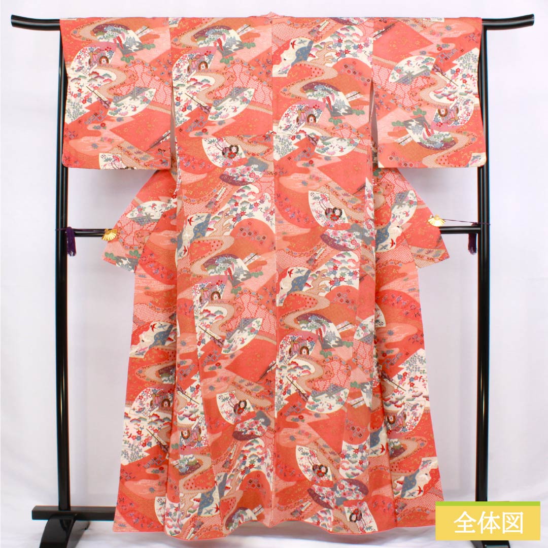 Komon silk kimono, S rank, length 159cm, sleeve length 66.5cm, lined, medium crimson (nakabeniiro) and scarlet (hiiro) with a fan-shaped classic pattern, red tones, product number 1115006672312
