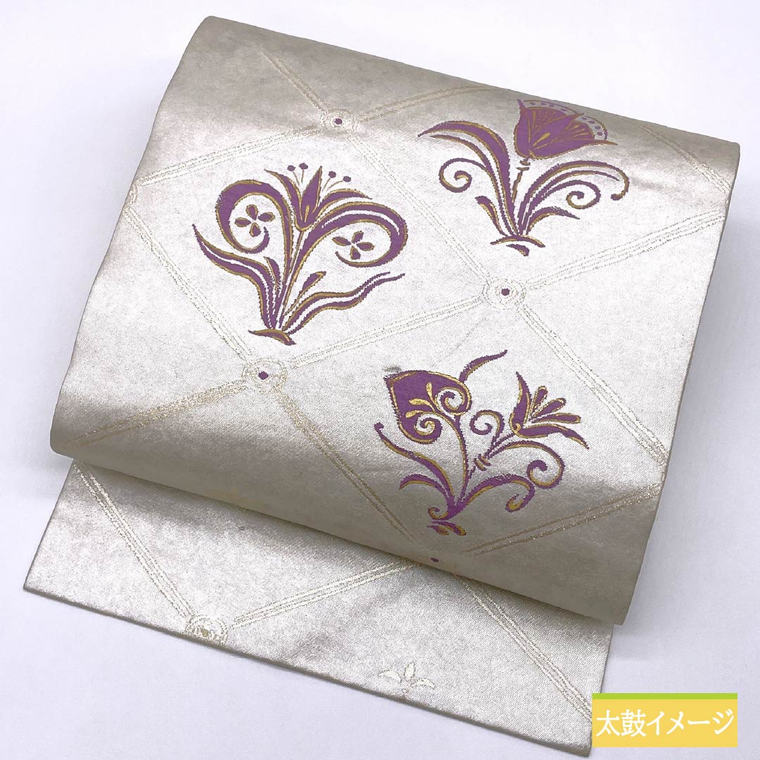名古屋帯 じゅらく謹製 帝王紫 抽象花 帯丈356cm 正絹 Cランク ポイント柄 セミフォーマル 銀系 1124008515322 名古屋仕立て