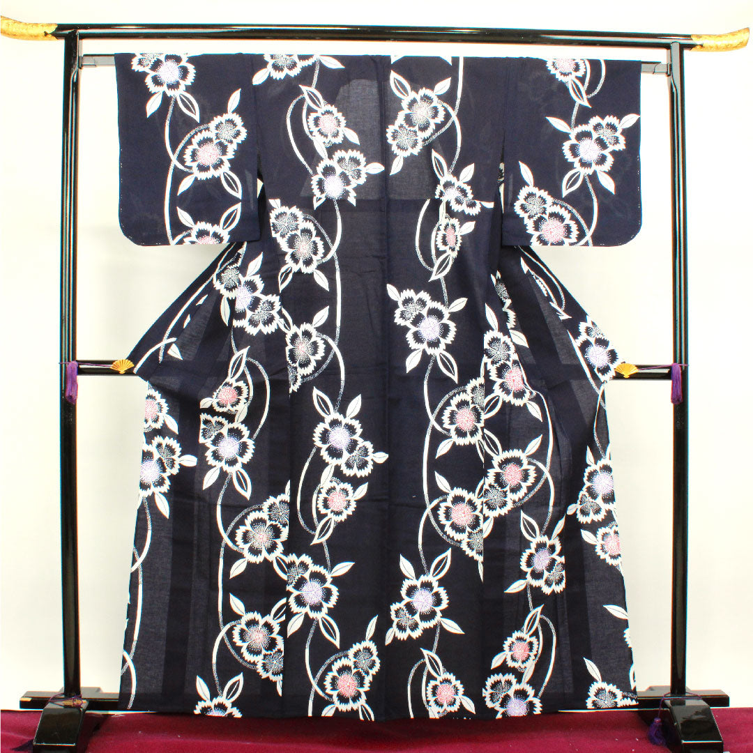 浴衣 しつけ糸付き 未使用品 褐色 撫子 木綿 Sランク 単衣 身丈162cm 裄丈64.5cm 紺系 1118002062418
