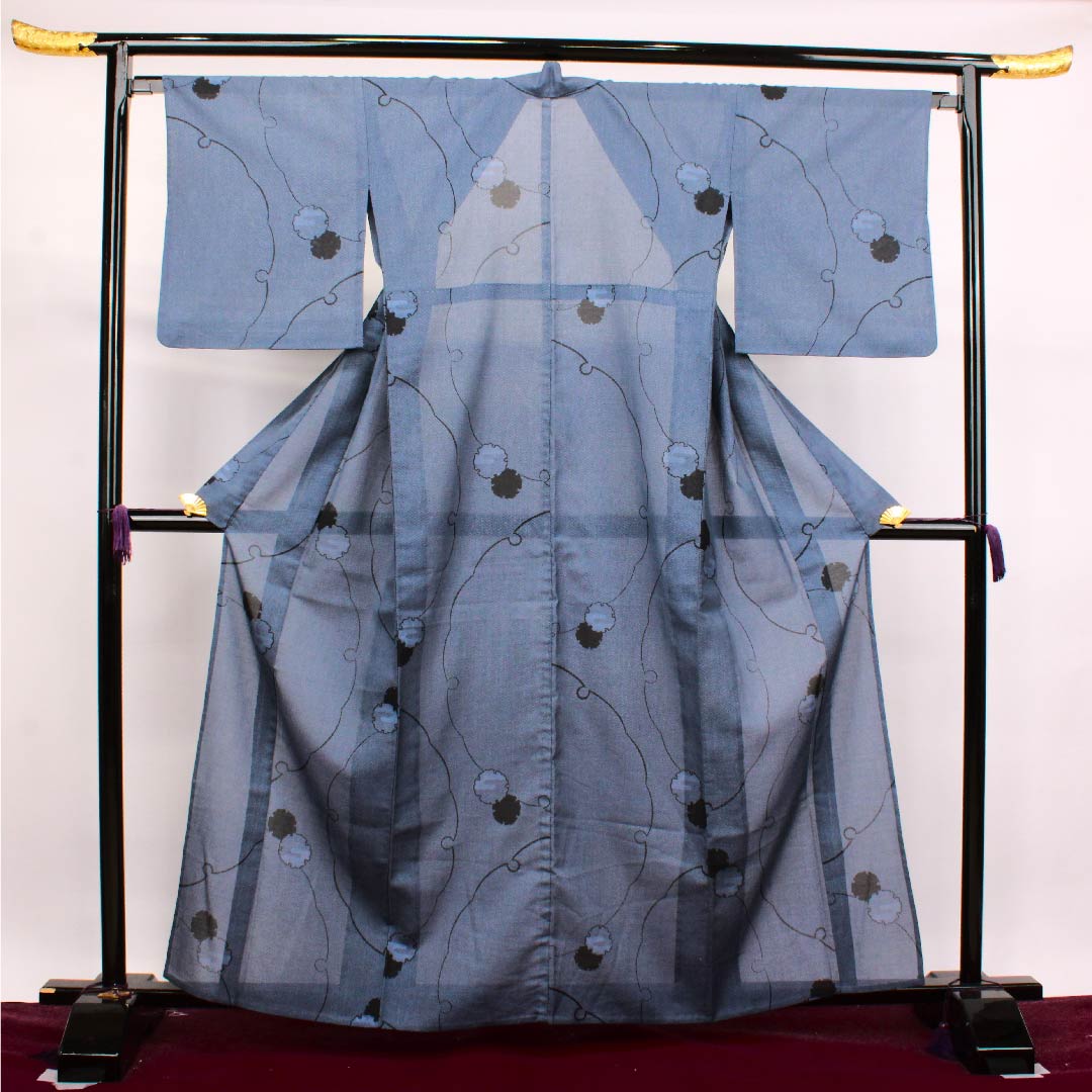 夏物 ポリエステル 小紋 身丈162.5cm 裄丈65cm 瞑色色(めいしょくいろ)雪輪 紗 Sランク 青系 1132000152417