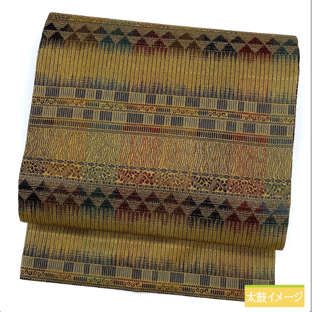 名古屋帯 正絹 木蘭色色(もくらんじきいろ) 幾何学模様 長尺 帯丈370cm Sランク 全通 カジュアル 茶系 1124006302314 名古屋仕立て