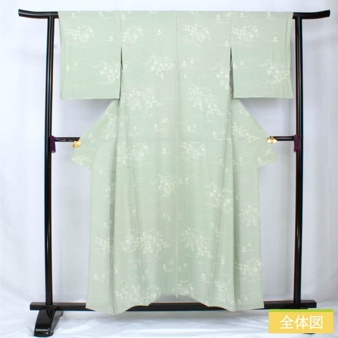 夏物 正絹 小紋 身丈153cm 裄丈62cm 白緑色(びゃくろくいろ) 京友禅 秋草 三松シルクケア 絽 Aランク 緑系 1132002093219