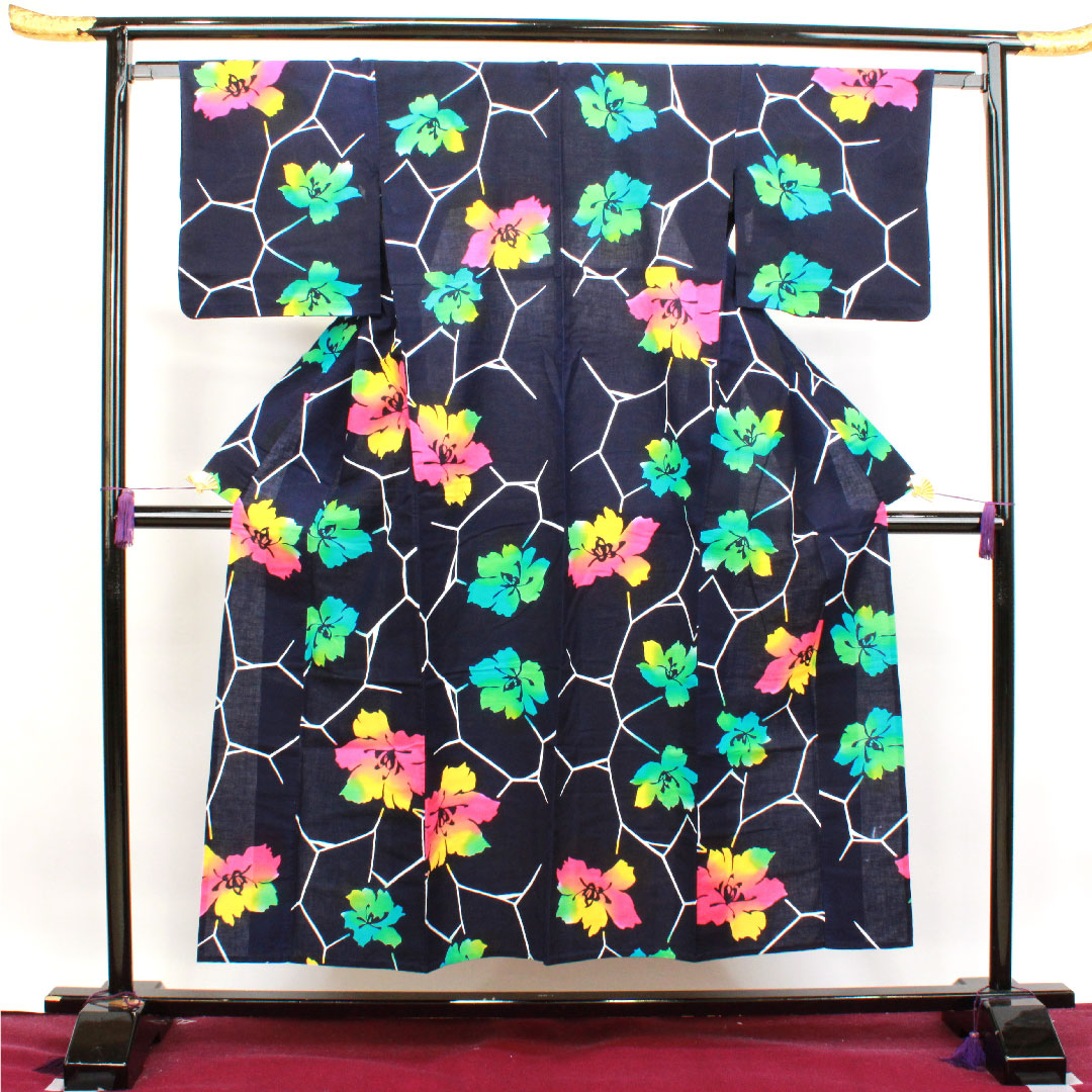 浴衣 濃紺色 抽象花 木綿 Sランク 単衣 身丈152cm 裄丈63.5cm 紺系 1118003392218