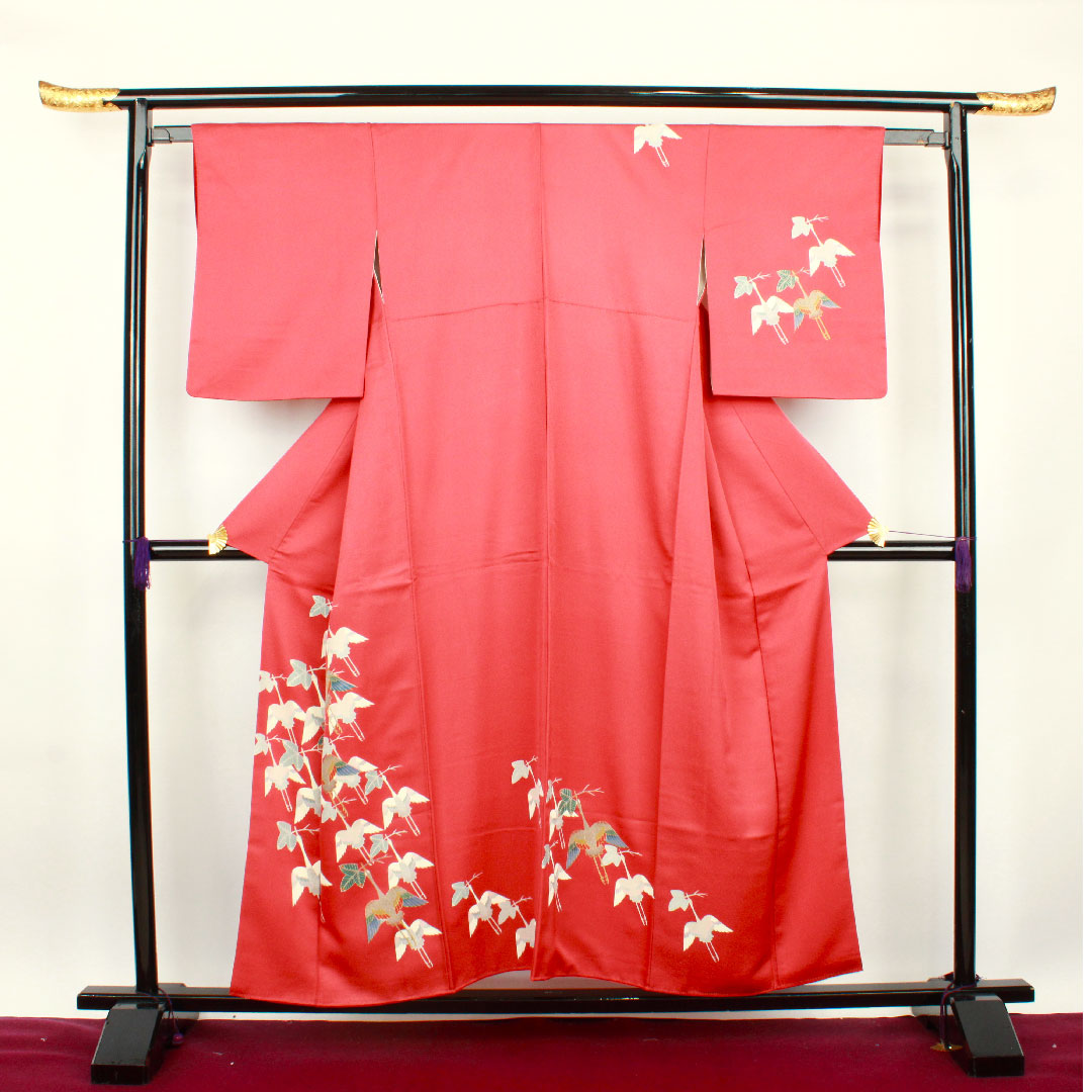 訪問着 袷 身丈155cm 裄丈59cm 紅絹色 京友禅 鶴 正絹 Aランク 赤系 1112001863312