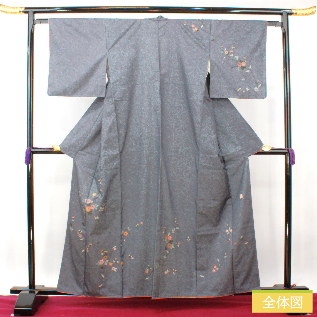 訪問着 正絹 袷 身丈161cm 裄丈63cm 灰青色 大島紬 草花模様 作家物 Aランク グレー系 1112004013422