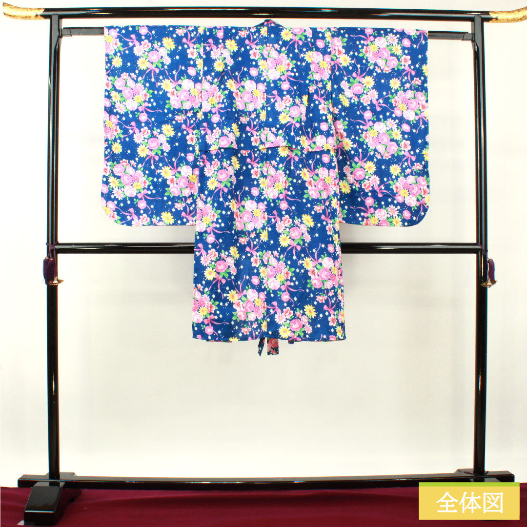 浴衣 木綿 身丈107.5cm 裄丈56.5cm Sランク 単衣 紺系 瑠璃色(るりいろ) 肩上げ有り 身上げ有り 花柄 1118005022118