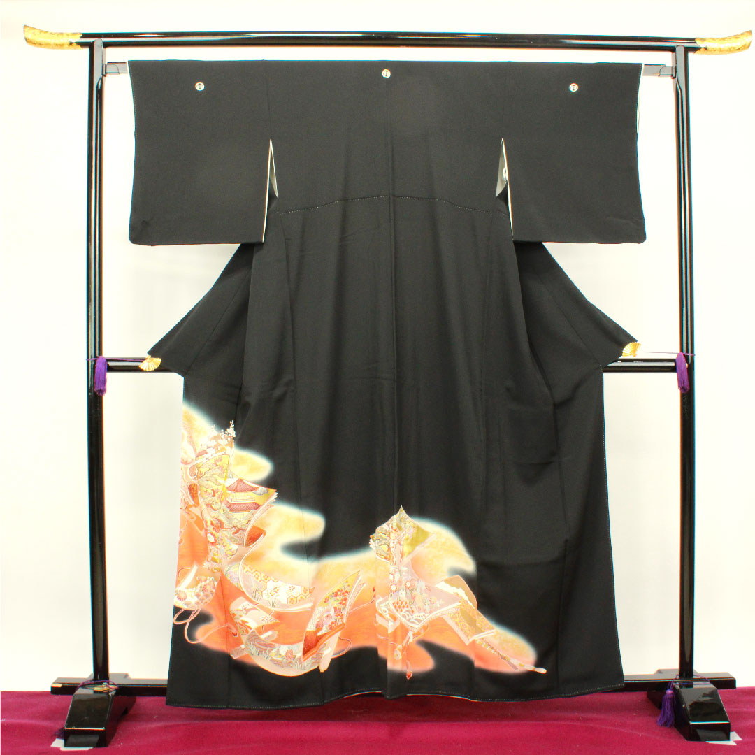 黒留袖 身丈159.5cm 裄丈63cm 袷 京友禅 吉祥文様 丸に並び瓶子 正絹 Aランク 五つ紋 黒系 1111000843310