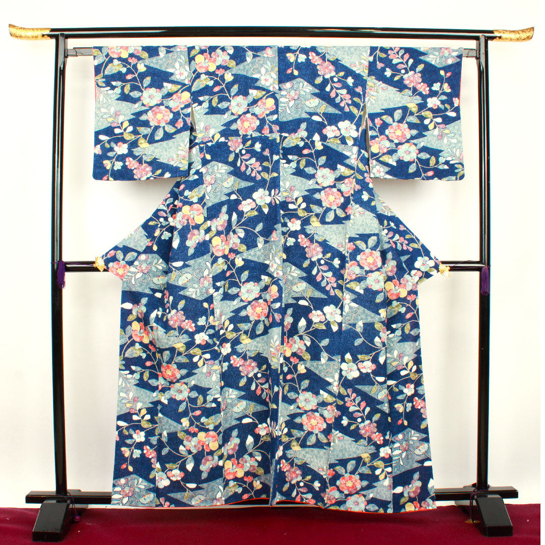 小紋 身丈158cm 裄丈64cm 袷 紺桔梗色 草花模様 正絹 Sランク 紺系 1115002512318