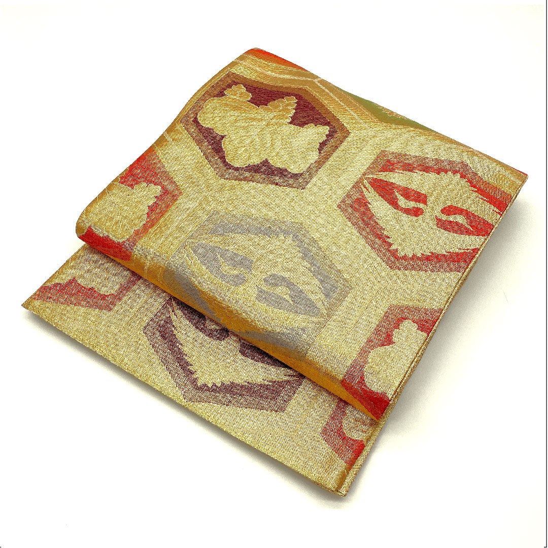 袋帯 向かい鶴 桐 亀甲模様 帯丈428cm 正絹 Sランク 六通 フォーマル 金系 1123003992321