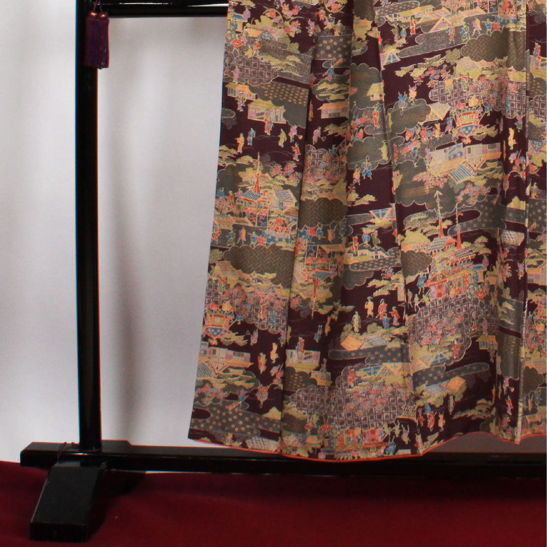 小紋 身丈153.5cm 裄丈65cm 袷 紫烏色 時代人物風景模様 正絹 Sランク 紫系 1115002322220