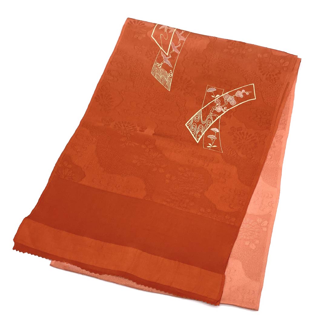 Semi-formal silk obiage (sash sash), S-rank, Tokiiro (red) and Shuiro (red) colors, with gradation strips, approximately 176cm long and 29cm wide, vermilion, color 1136001862916
