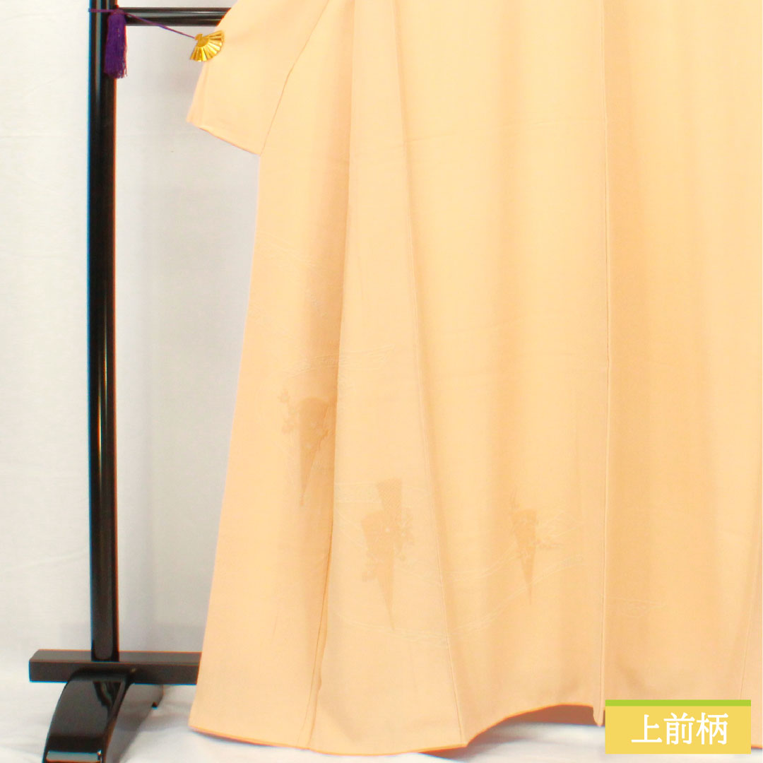 訪問着 正絹 袷 身丈161.5cm 裄丈66.5cm 肌色(はだいろ) 相良刺繡 扇子 鶴 一つ紋 上り藤に大の字 Aランク 橙系 1112005563426