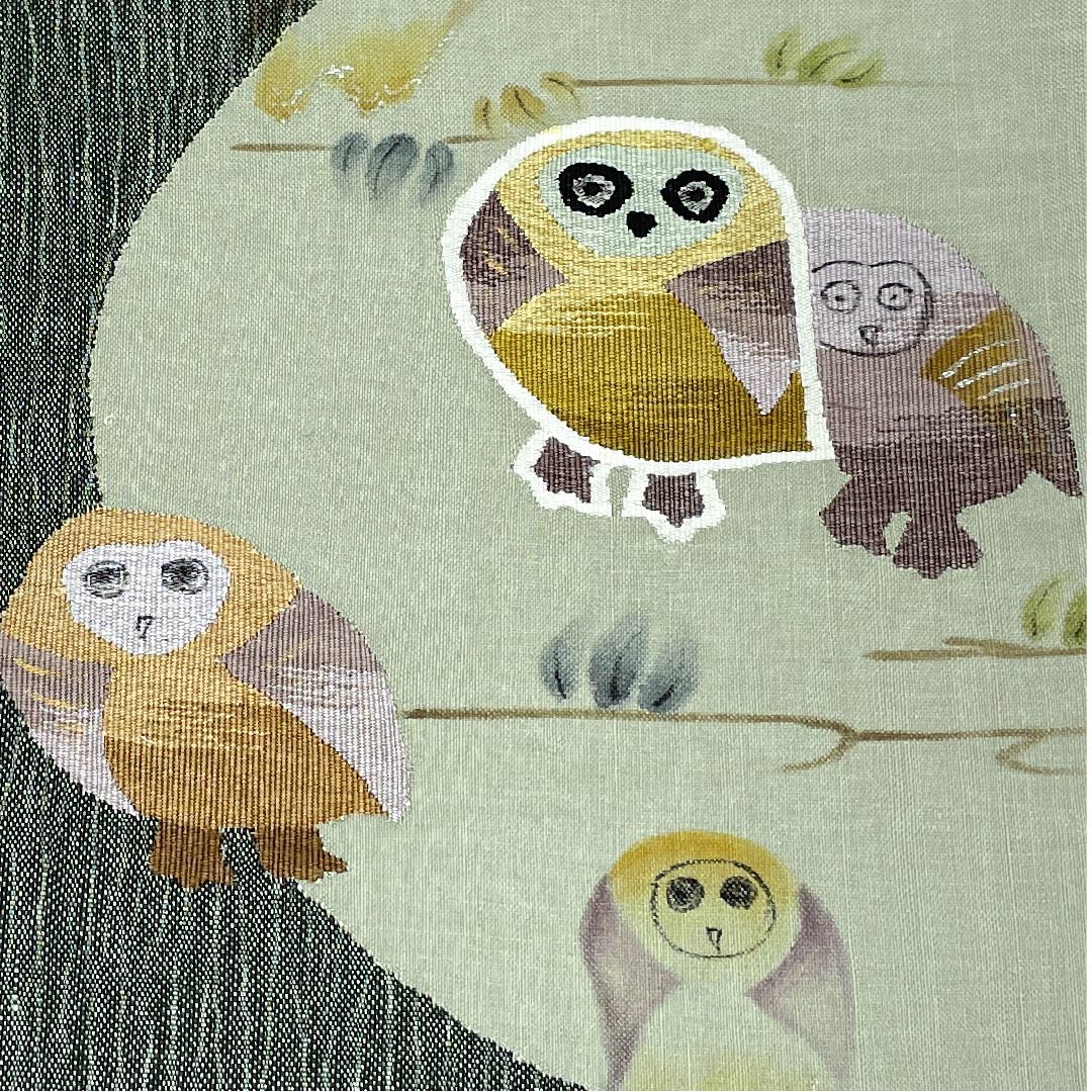 Fukuro Obi (blackish green obi) with an owl, obi length 460cm, pure silk, S rank, point pattern, casual, green, 1123008932419
