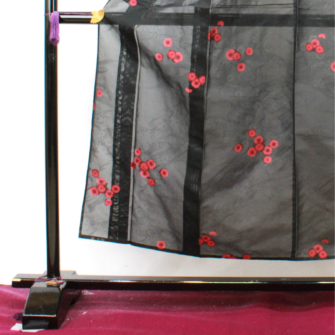 Summer kimono, polyester, small pattern, length 152.5cm, sleeve length 63cm, flowing water, chrysanthemum, washable kimono, gauze, A rank, black, 1132001243210