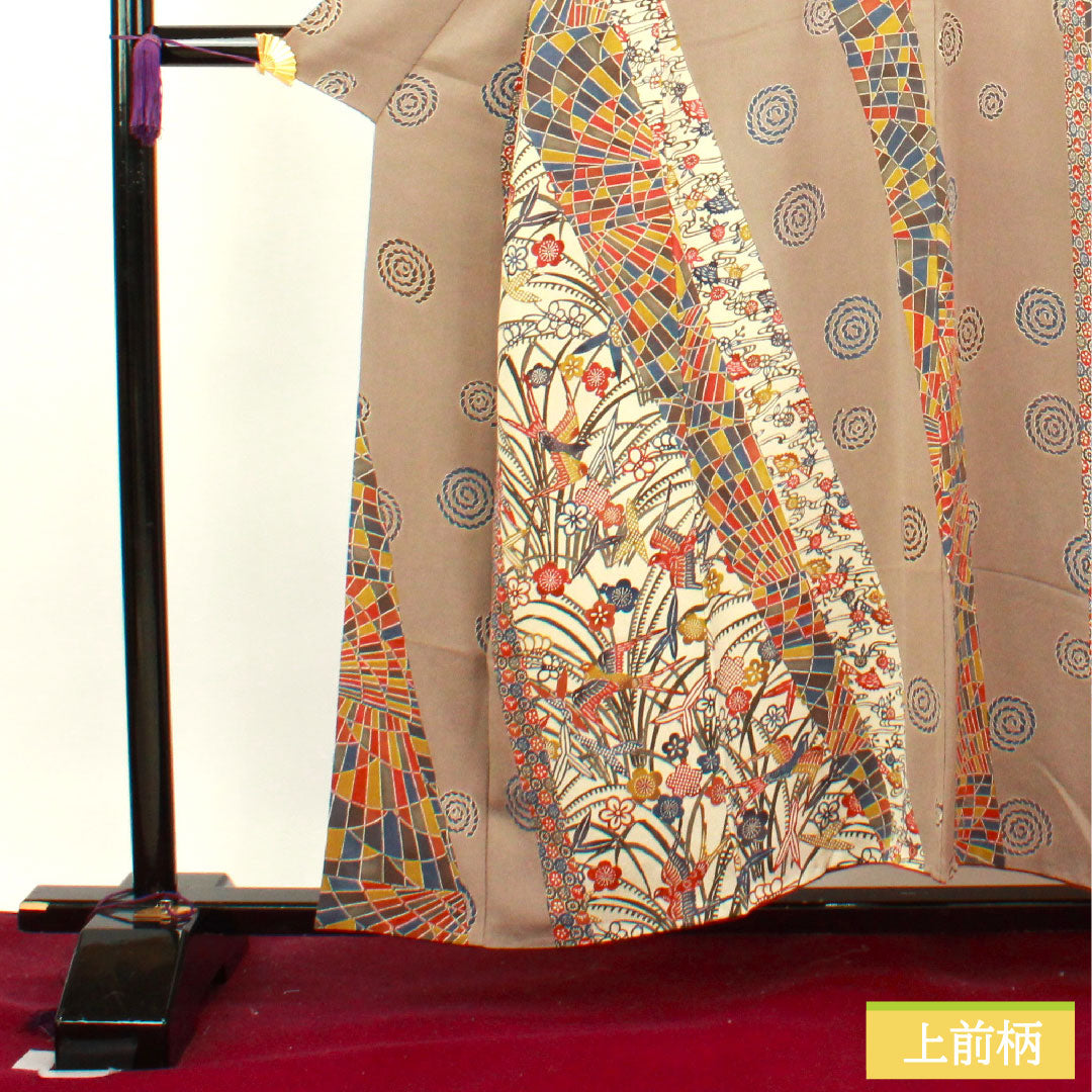 小紋 正絹 身丈154.5cm 裄丈64cm 袷 壁鼠色 京紅型 抽象模様 Aランク グレー系 1115003513222