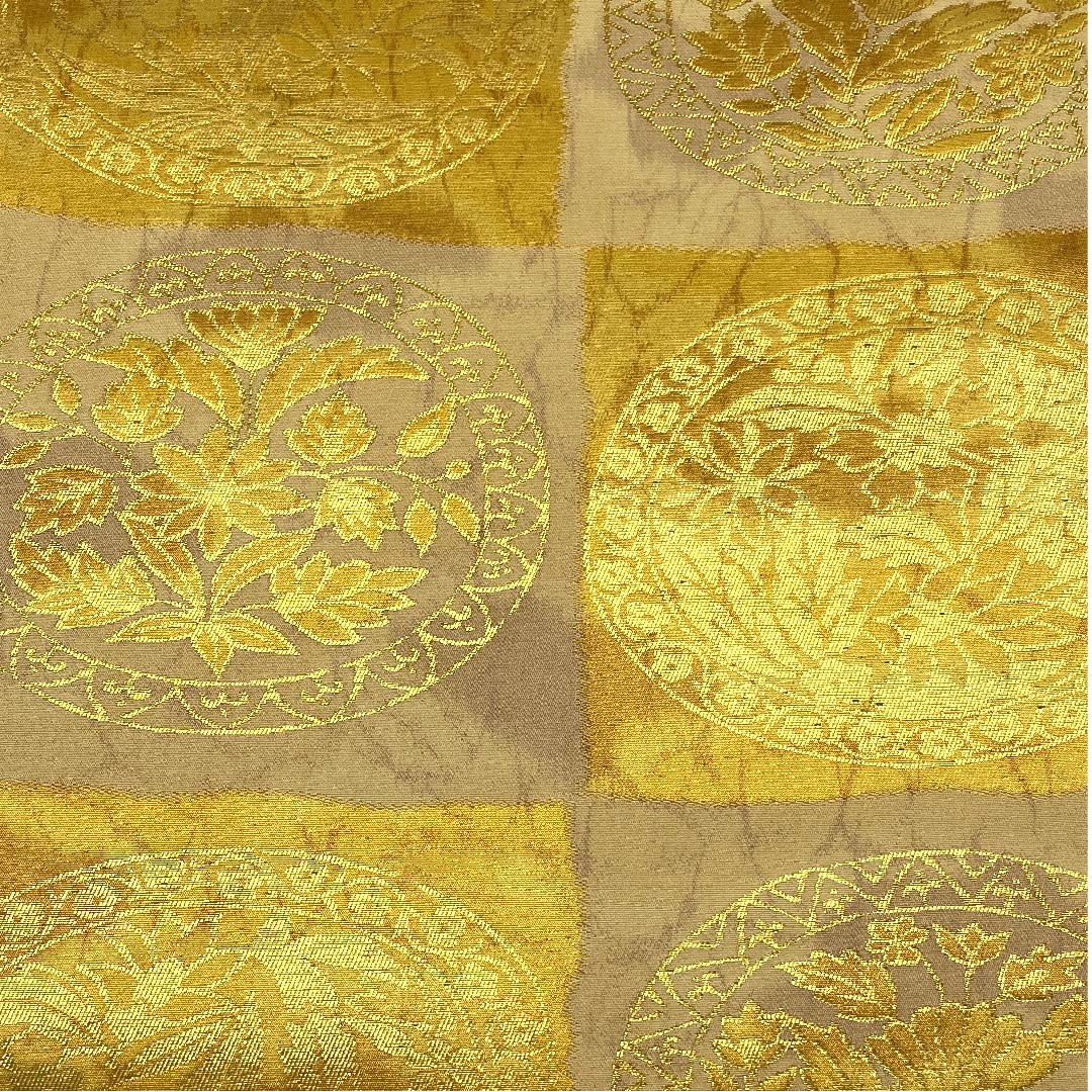 袋帯 薄卵色(うすたまごいろ) 市松模様 花丸模様 帯丈424cm 正絹 Sランク 六通 セミフォーマル 黄系 1123006622323