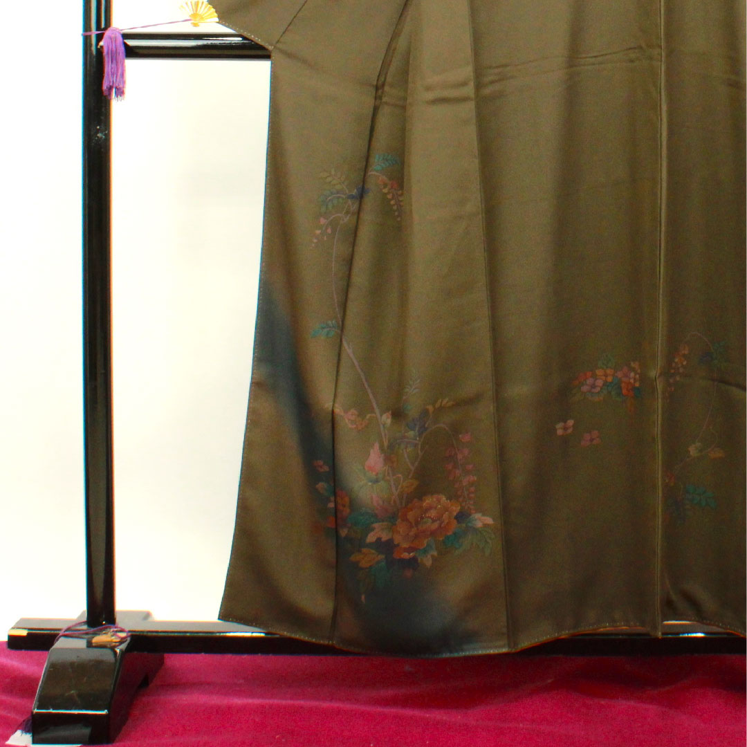 Homongi, pure silk, lined, length 157cm, sleeve length 64cm, yellow-black, floral pattern, A rank, green, 1112003023319