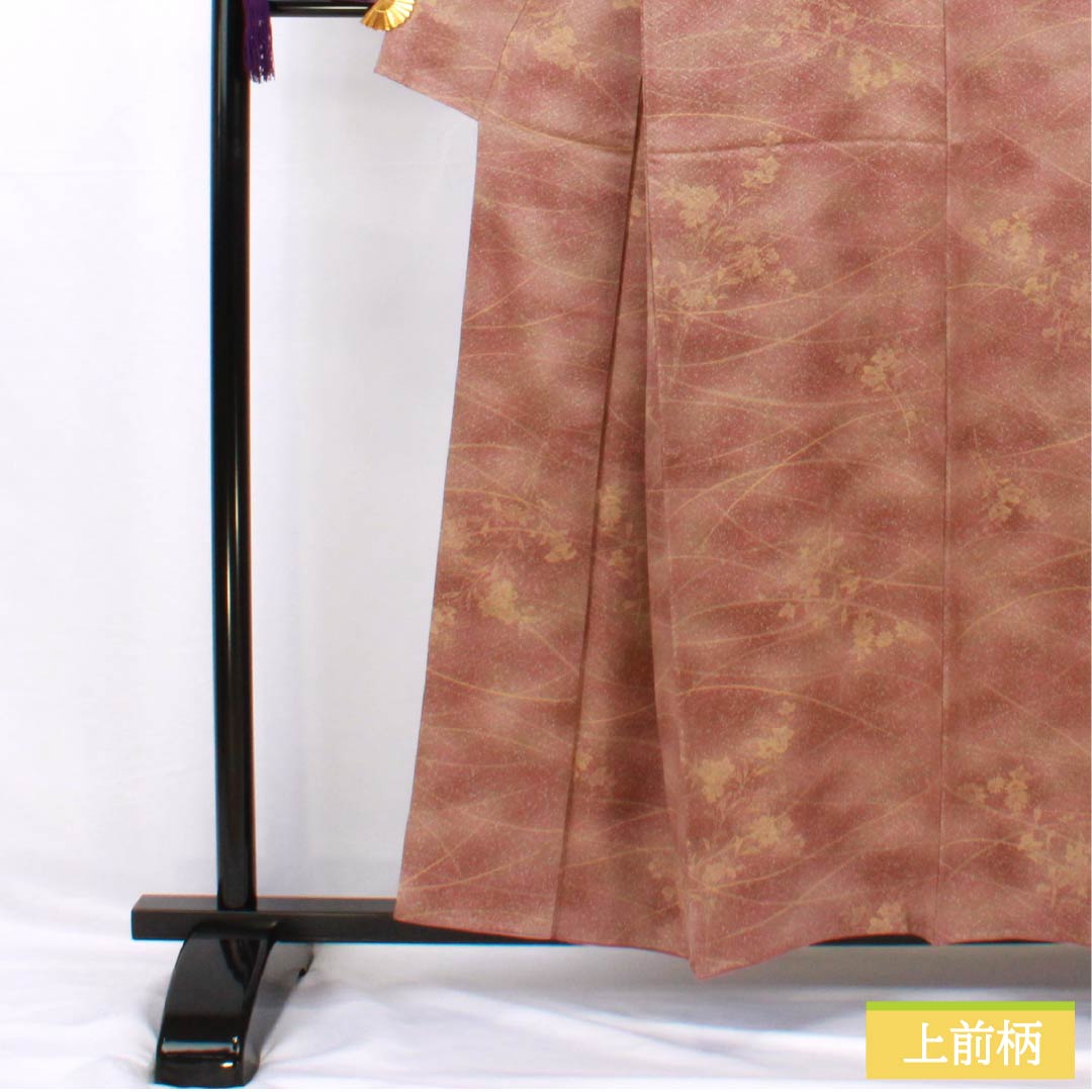 小紋 正絹 身丈157.5cm 裄丈62.5cm 袷 栗梅色(くりうめいろ) 水柿色(みずがきいろ) 型染 露芝 草花 Sランク グラデーション系 1115005392399