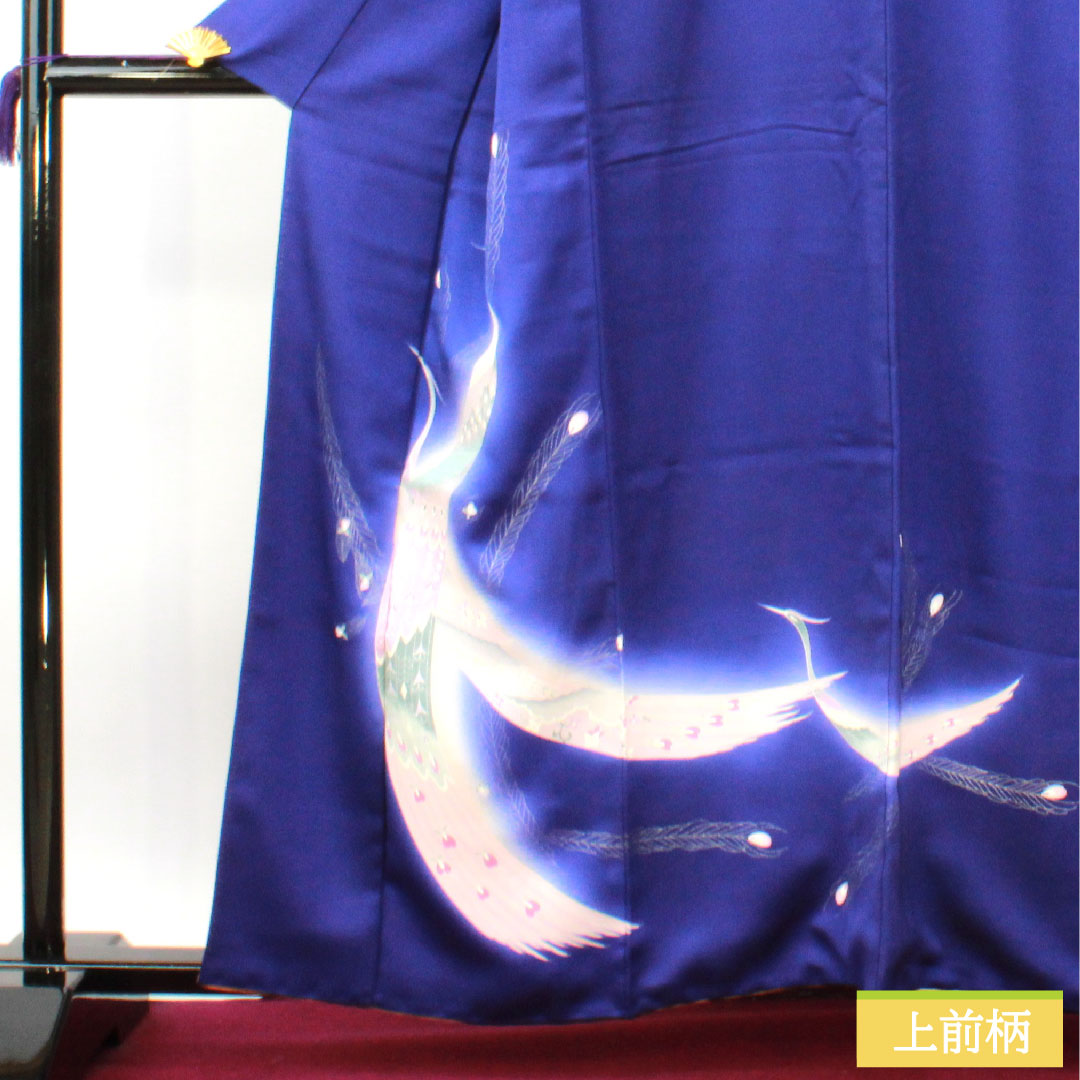 Homongi, pure silk, lined, length 161cm, sleeve length 65.5cm, bellflower color, Kyoto Yuzen, peacock, A rank, navy blue, 1112004353418