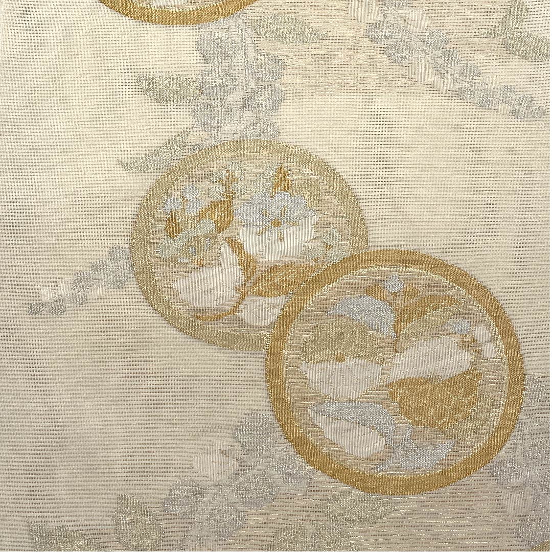 袋帯 生成り色(きなりいろ) 夏帯 花紋 帯丈432cm 正絹 Sランク 六通 フォーマル クリーム系 1123007372315