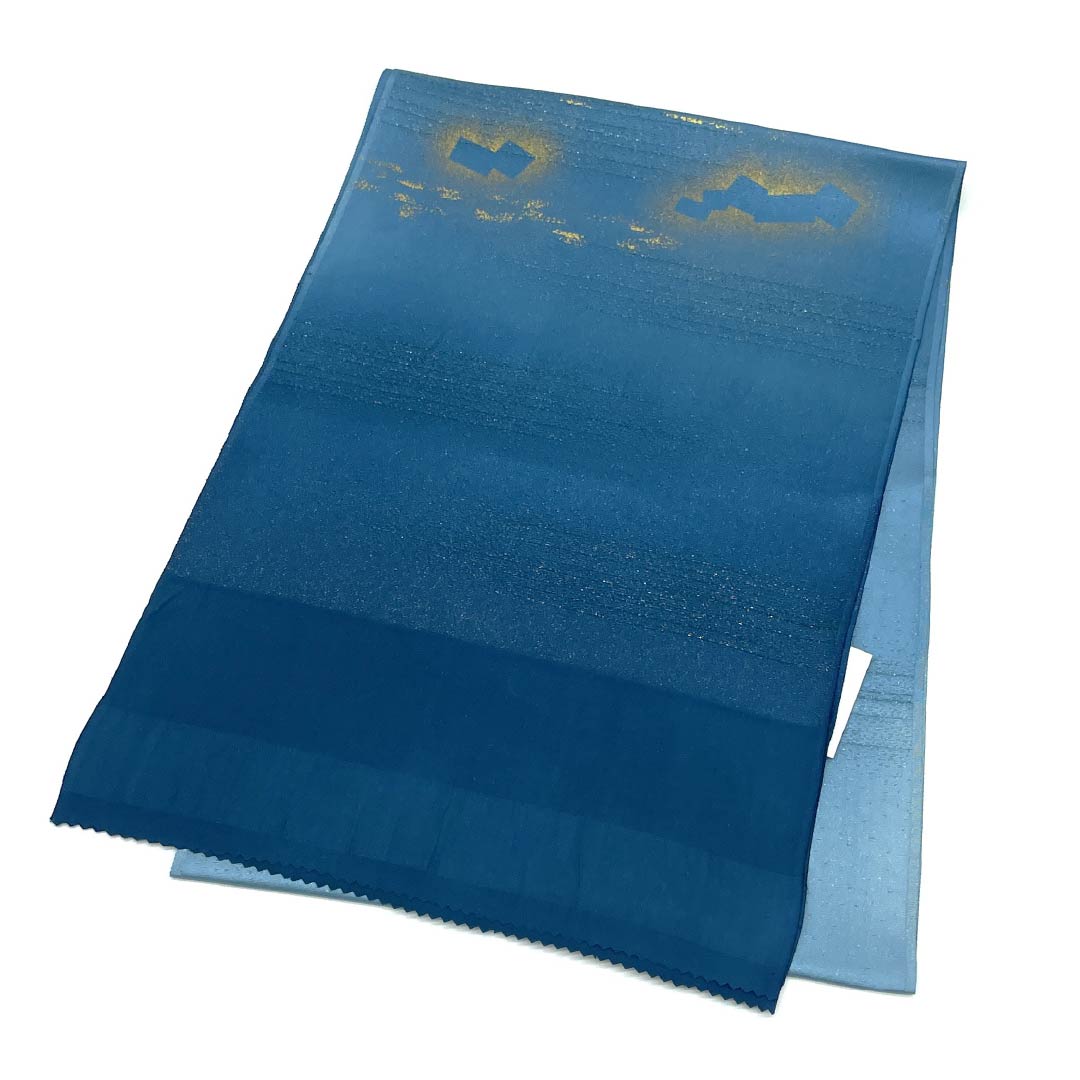 (新古品)帯揚げ 正絹 Sランク セミフォーマル 藍天鵞絨色(あいびろうどいろ) 金通し 長さ約171cm 幅約30.5cm 青系 1136002082917