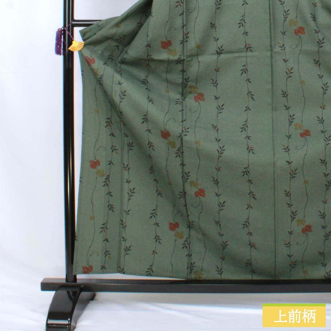 Komon Polyester S-rank length 164.5cm sleeve length 62cm unlined Shima-matsunezu-iro (dark gray with a hint of green) stenciled grass and leaves, with hip lining, green family 1115007992419
