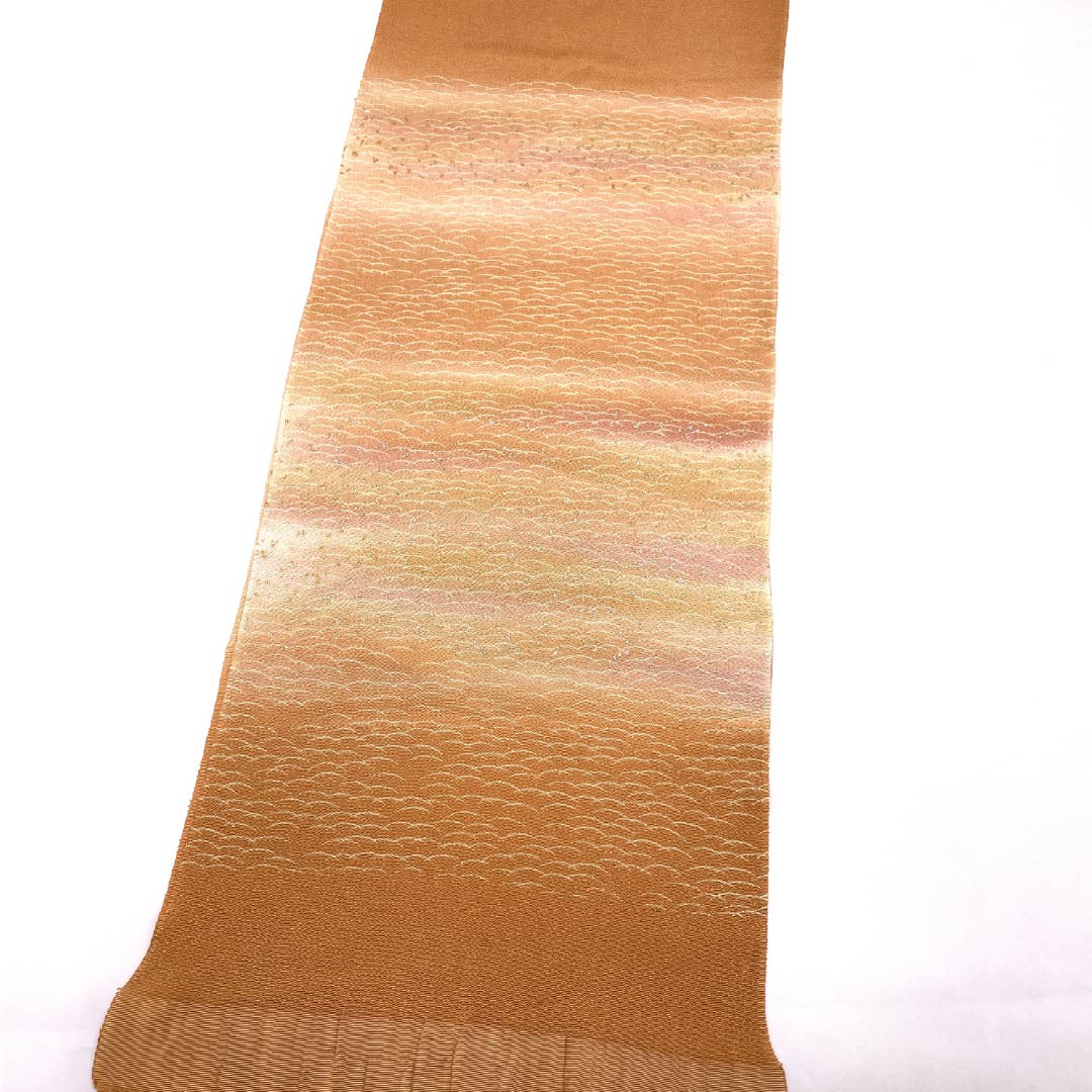 Obiage, pure silk, S rank, semi-formal, akakuchinashi-iro (red gardenia color), chirimen fabric, shaded, wave pattern, length approx. 177cm, width approx. 29.5cm, orange family, 1136002862926